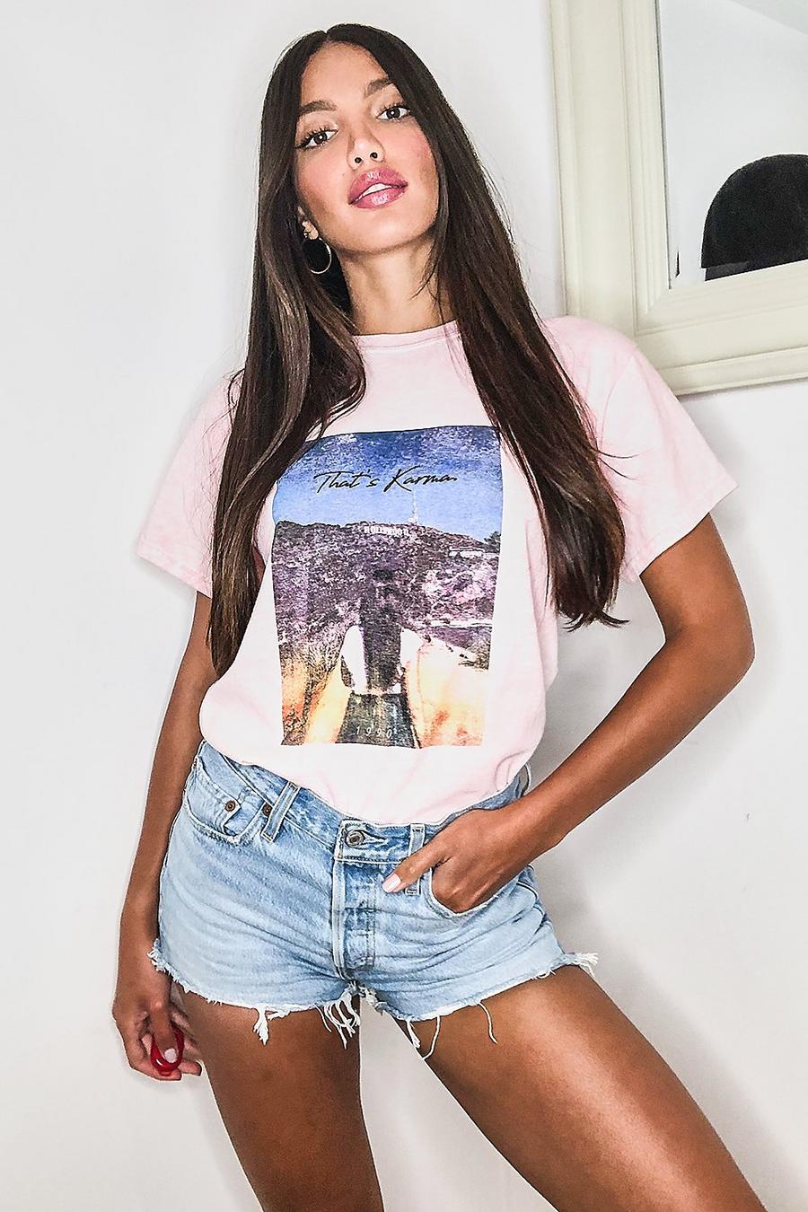 T-shirt oversize con grafica “Karma” a lavaggio acido Tall, Rosa image number 1