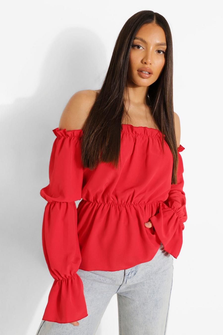 Red Tall Bardot Volume Sleeve Top image number 1