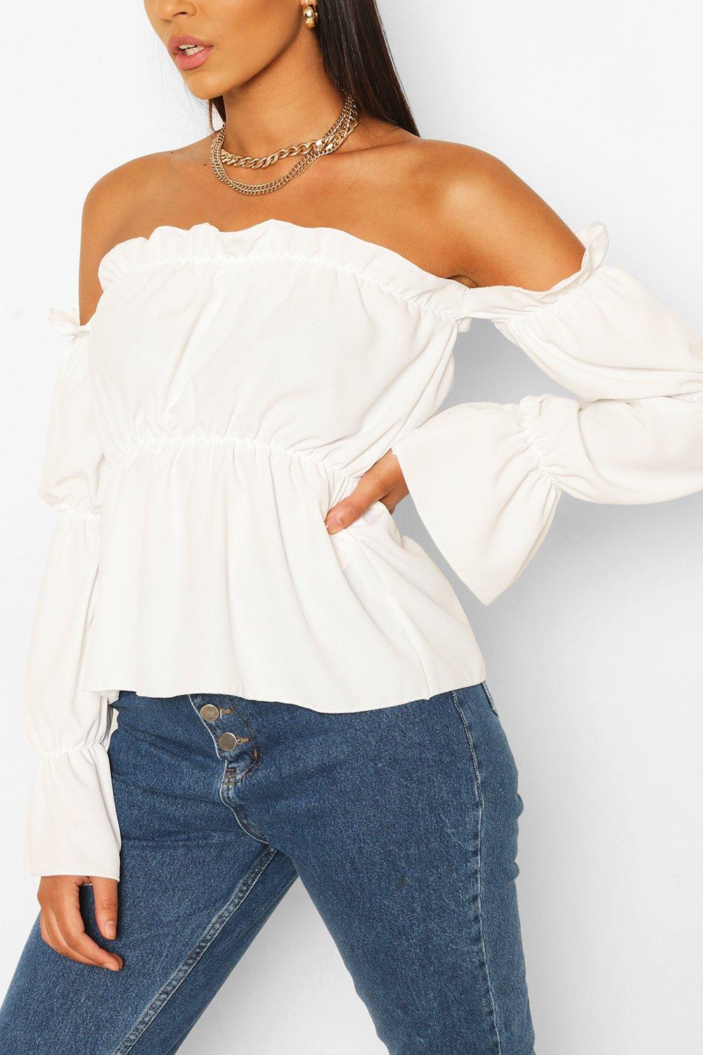 white ruffle bardot top