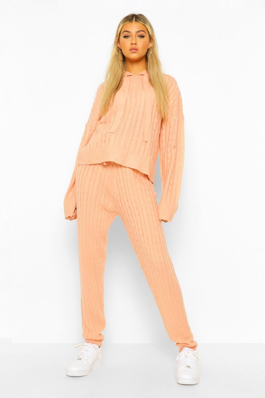Peach Orange Tall Cable Knit Hoody & Track Pant Lounge Set image number 1