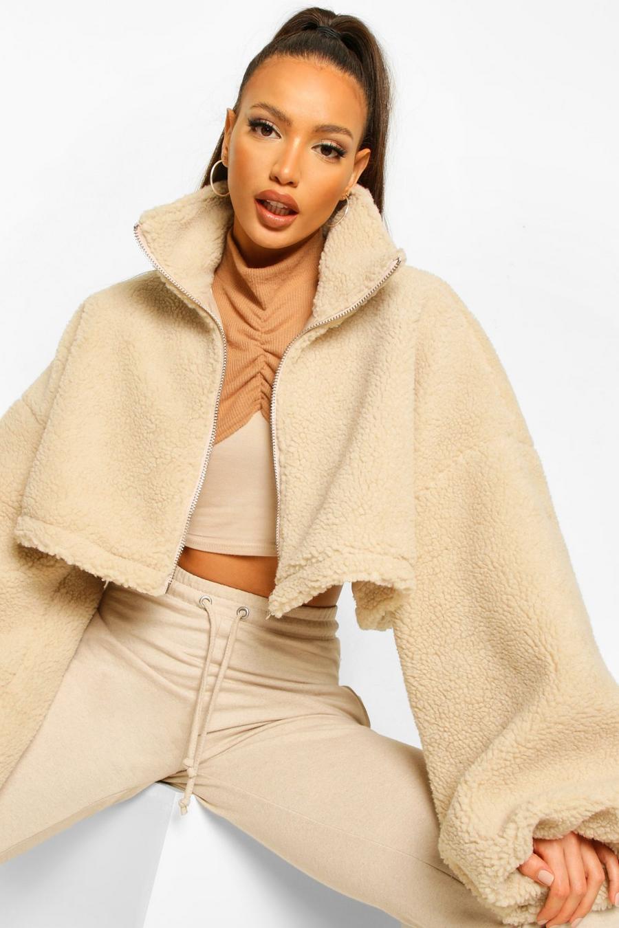 Stone Tall Teddy Faux Fur Oversized Bomber Jacket image number 1