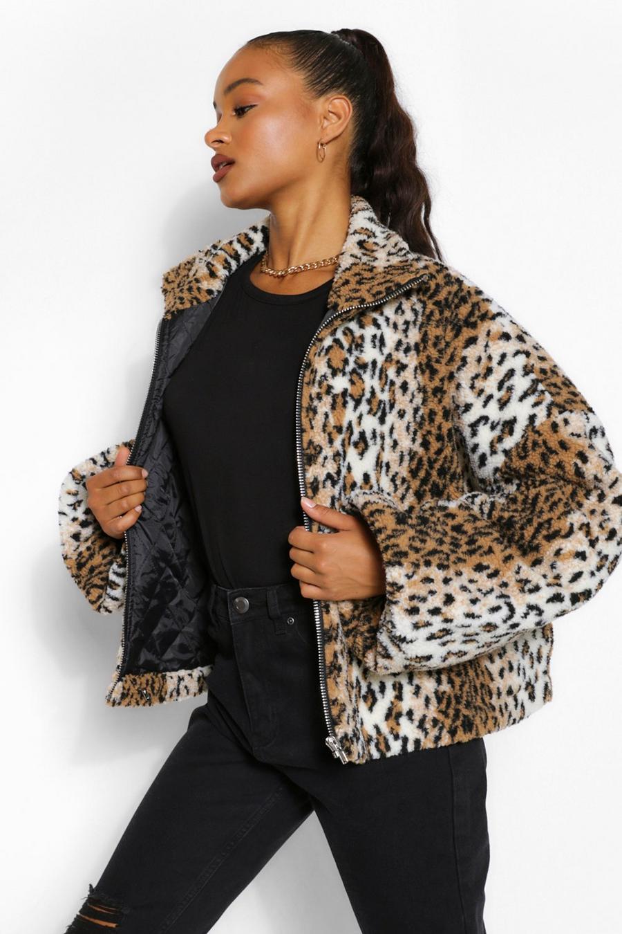 Tall Leopard Teddy Faux Fur Bomber Jacket image number 1