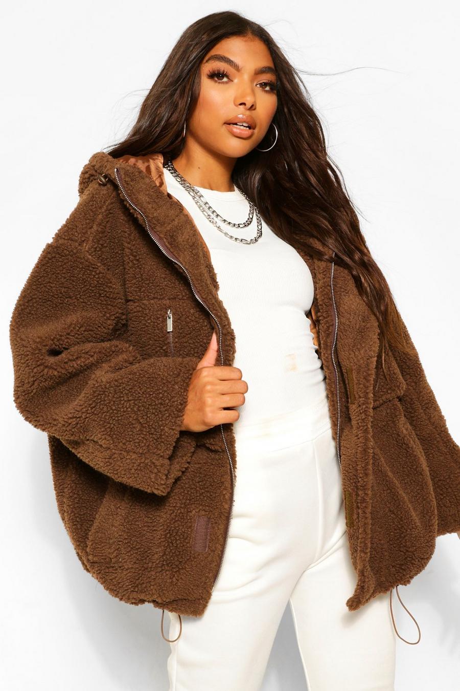 Chocolate Tall Oversized Teddy Faux Fur Coat image number 1
