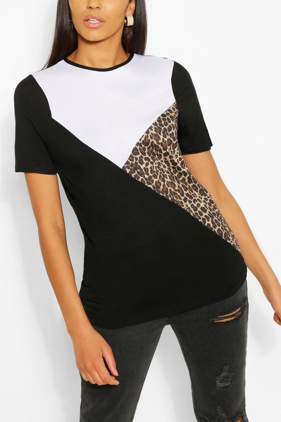 Tall - T-shirt med kontrastpaneler och leopardmönster image number 1