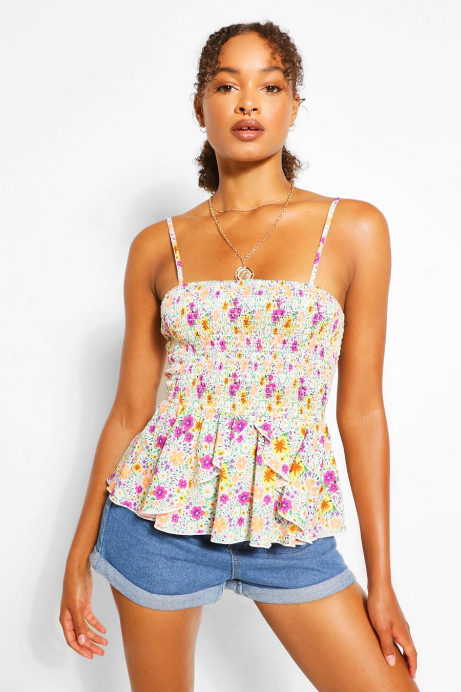 White Tall Neon Floral Woven Shirred Crop Top image number 1