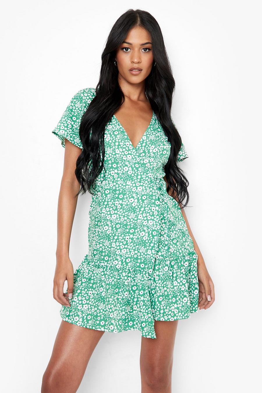 Green Tall Woven Floral Print Wrap Tea Dress image number 1