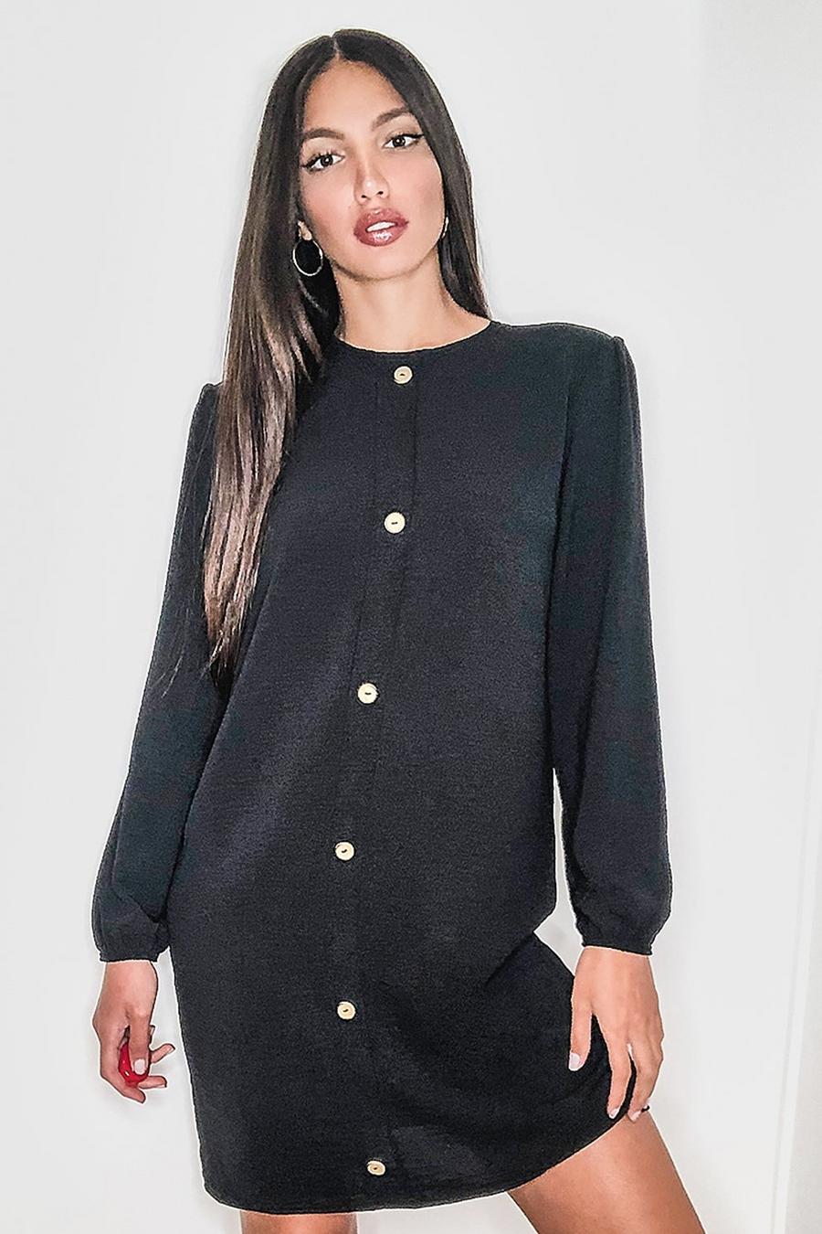 Black Tall Linen Look Woven Button Through Shift Dress image number 1