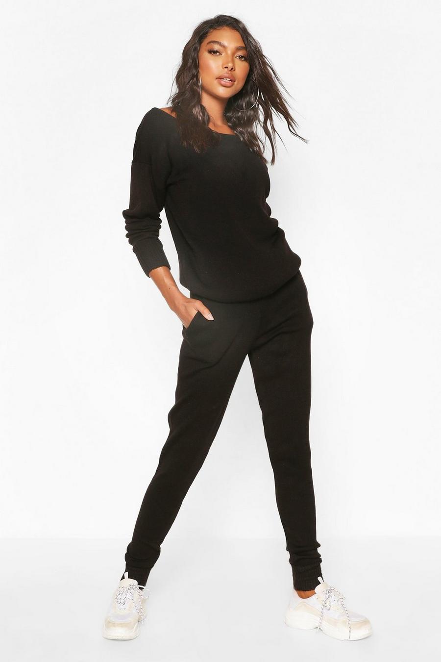 שחור סט בגדי בית סרוגים עם צווארון אלכסוני לנשים גבוהות image number 1
