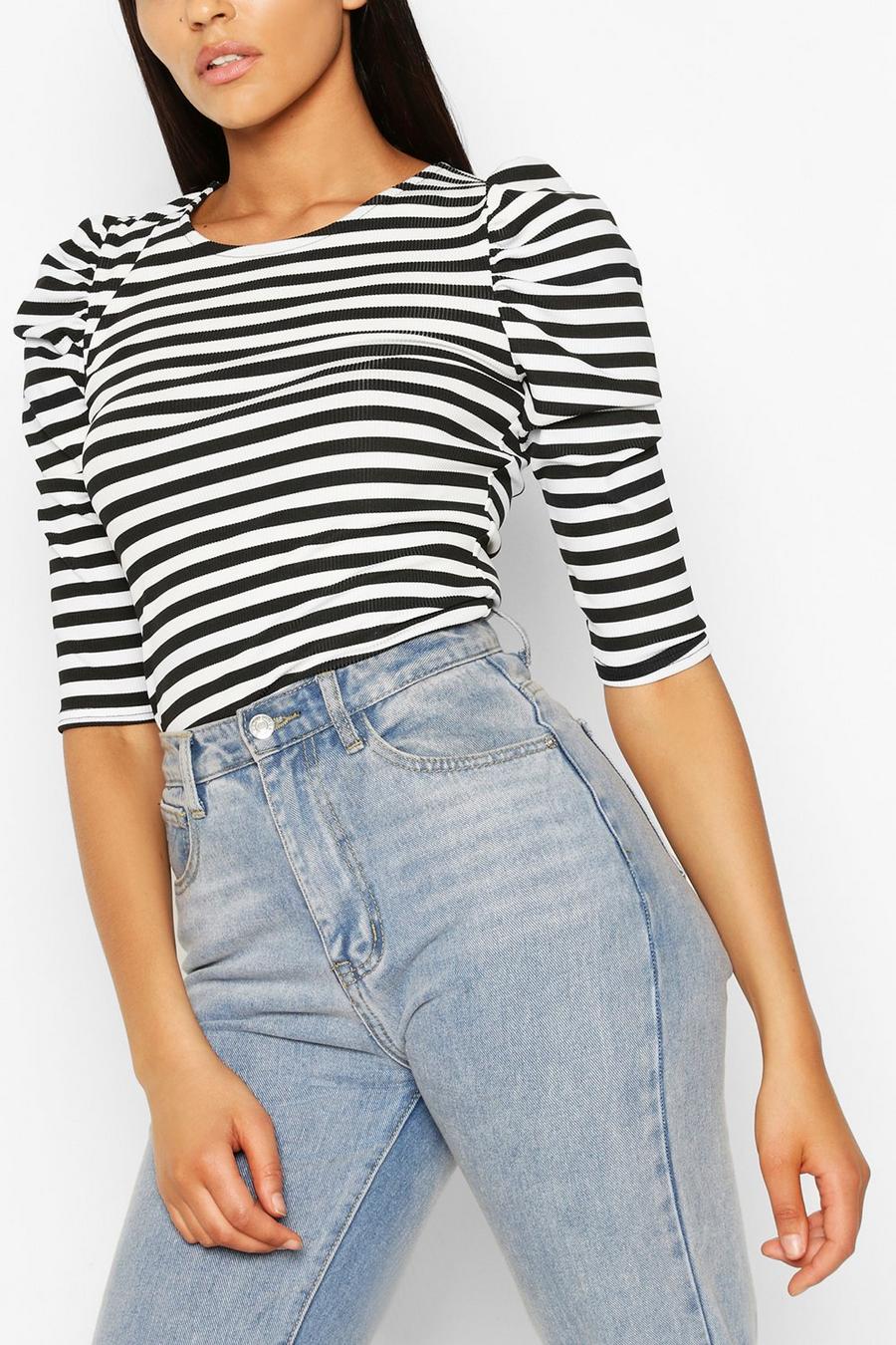 Tall Rib Stripe Puff Shoulder Top image number 1