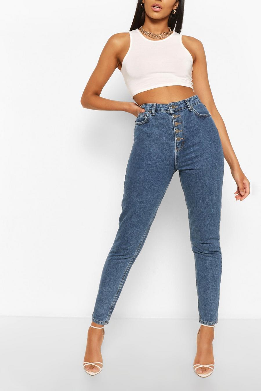 Tall Straight Leg Jeans mit Knopfleiste, Mittelblau image number 1