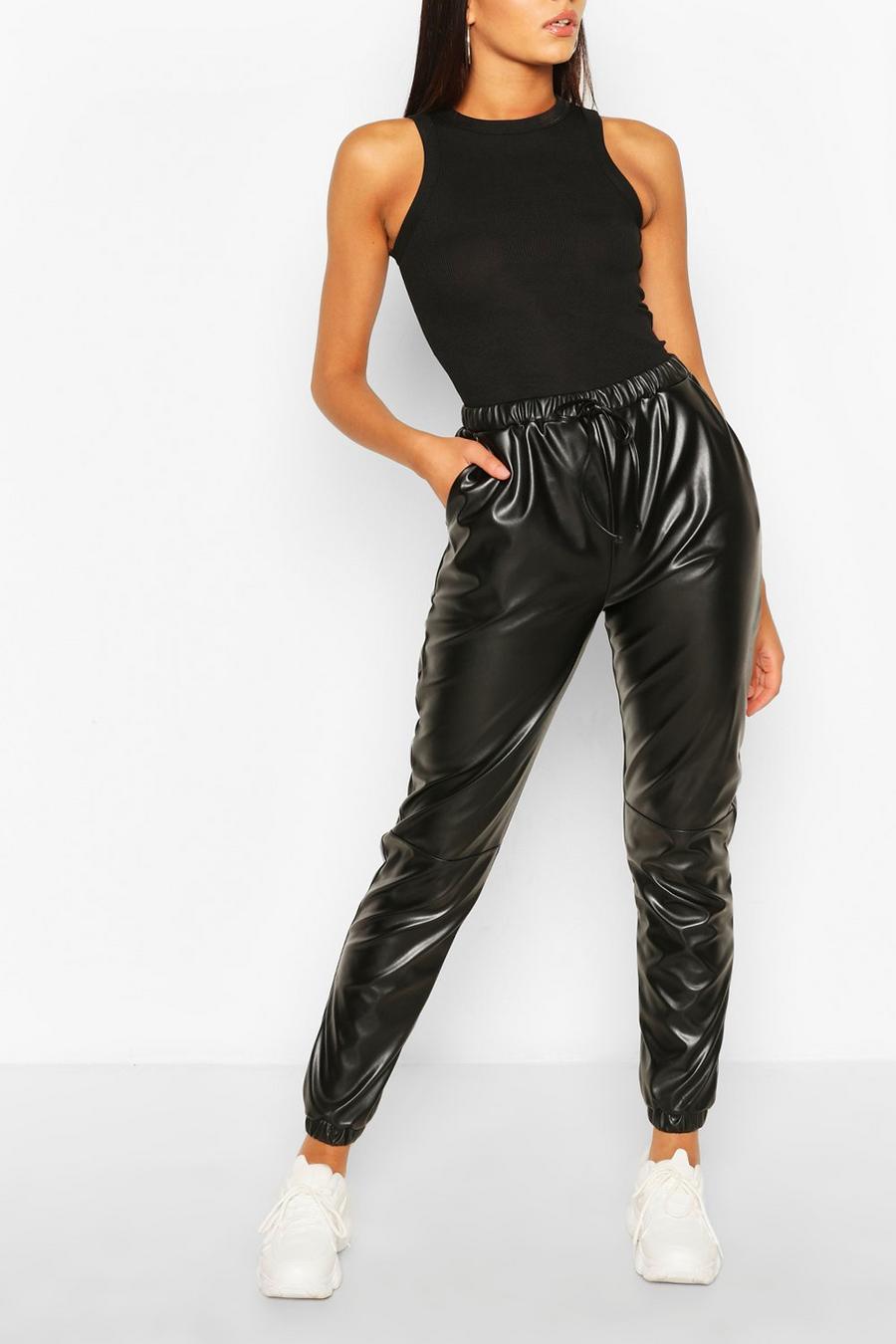 Black Tall Faux Leather Seam Track Pants image number 1