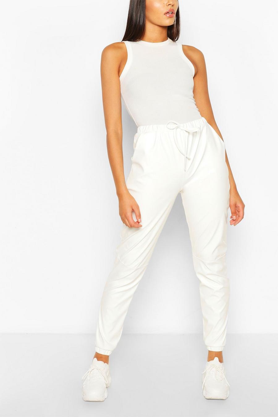 Cream Black Tall Faux Leather Seam Track Pants image number 1