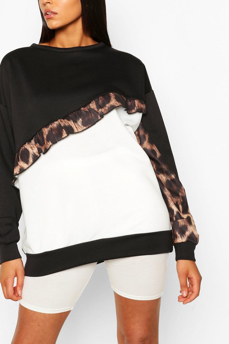 Black Tall Ruffle Leopard Color Block Sweatshirt image number 1