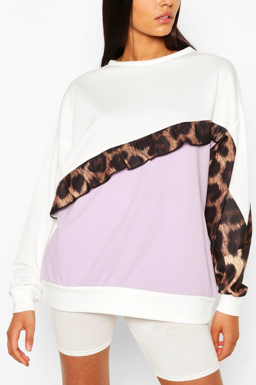 Lilac Tall Ruffle Leopard Colour Block Sweatshirt image number 1