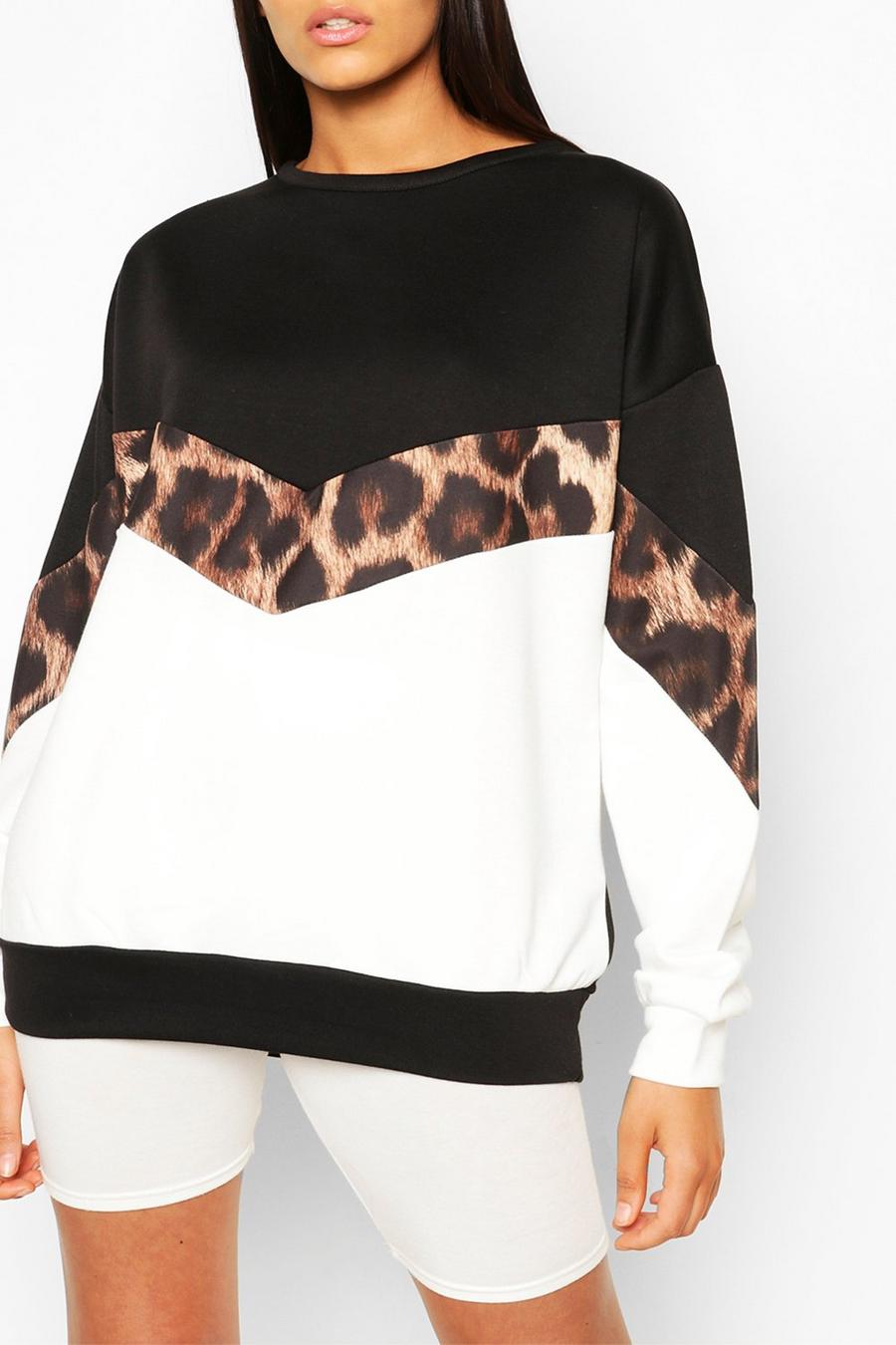 Tall Colorblock-Sweatshirt mit Leopardenmuster, Schwarz image number 1