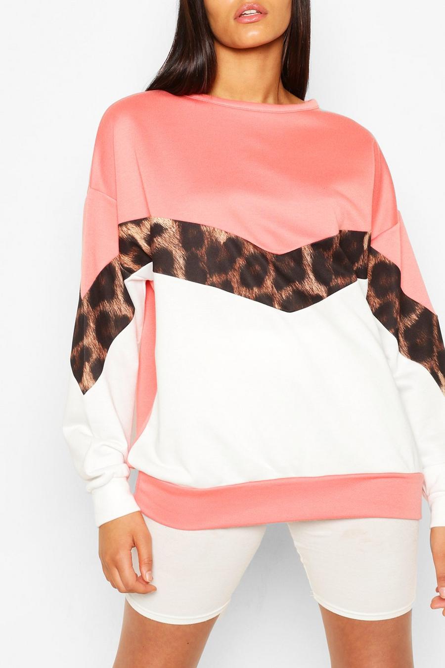 Tall Colorblock-Sweatshirt mit Leopardenmuster, Korallrot image number 1