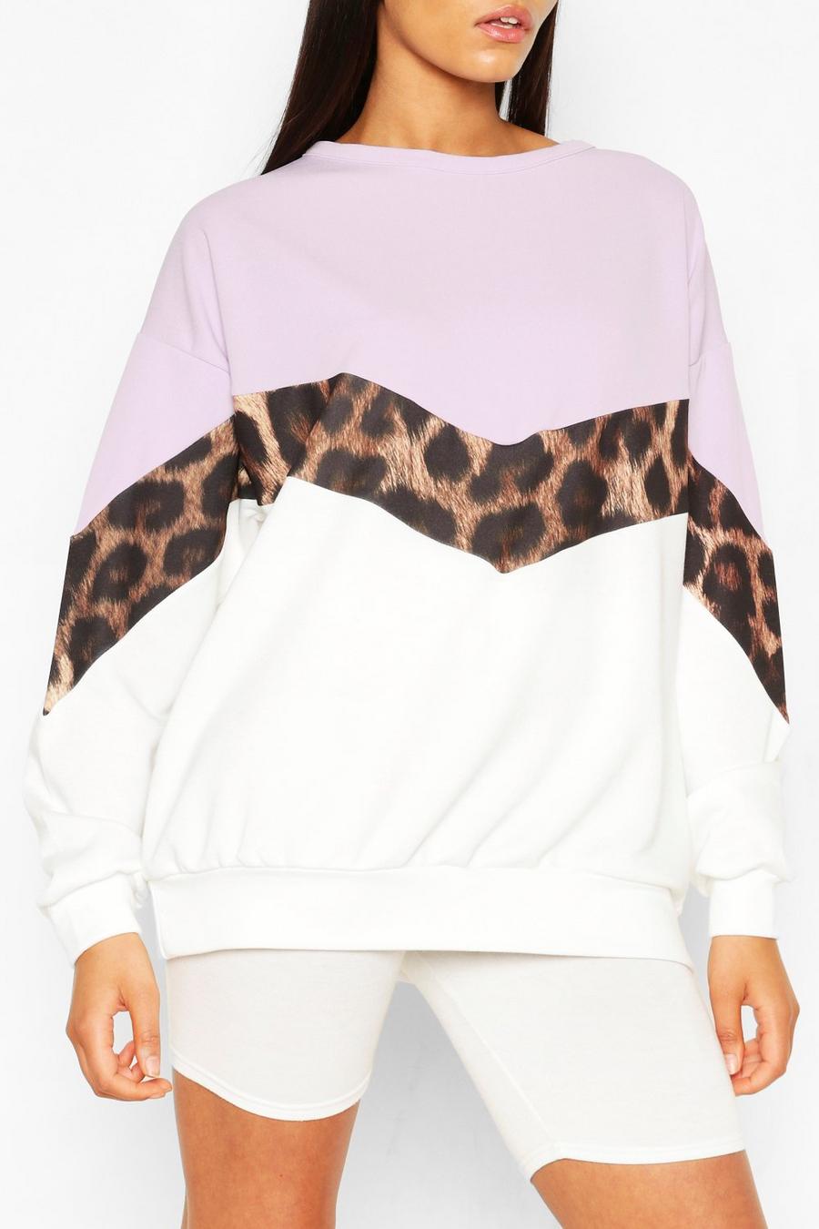 Tall Colorblock-Sweatshirt mit Leopardenmuster, Flieder image number 1