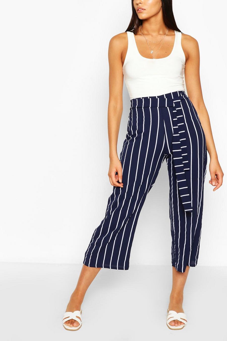 Navy Tall Belted Nautical Stripe Woven Culottes image number 1