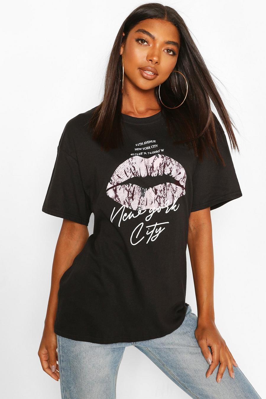 Zwart Tall Oversized  New York T-Shirt Met Lippen image number 1