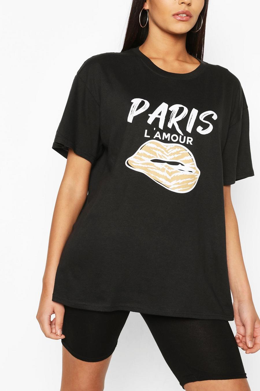 Tall T-shirt oversize con labbra “Paris L’Amour”, Nero image number 1