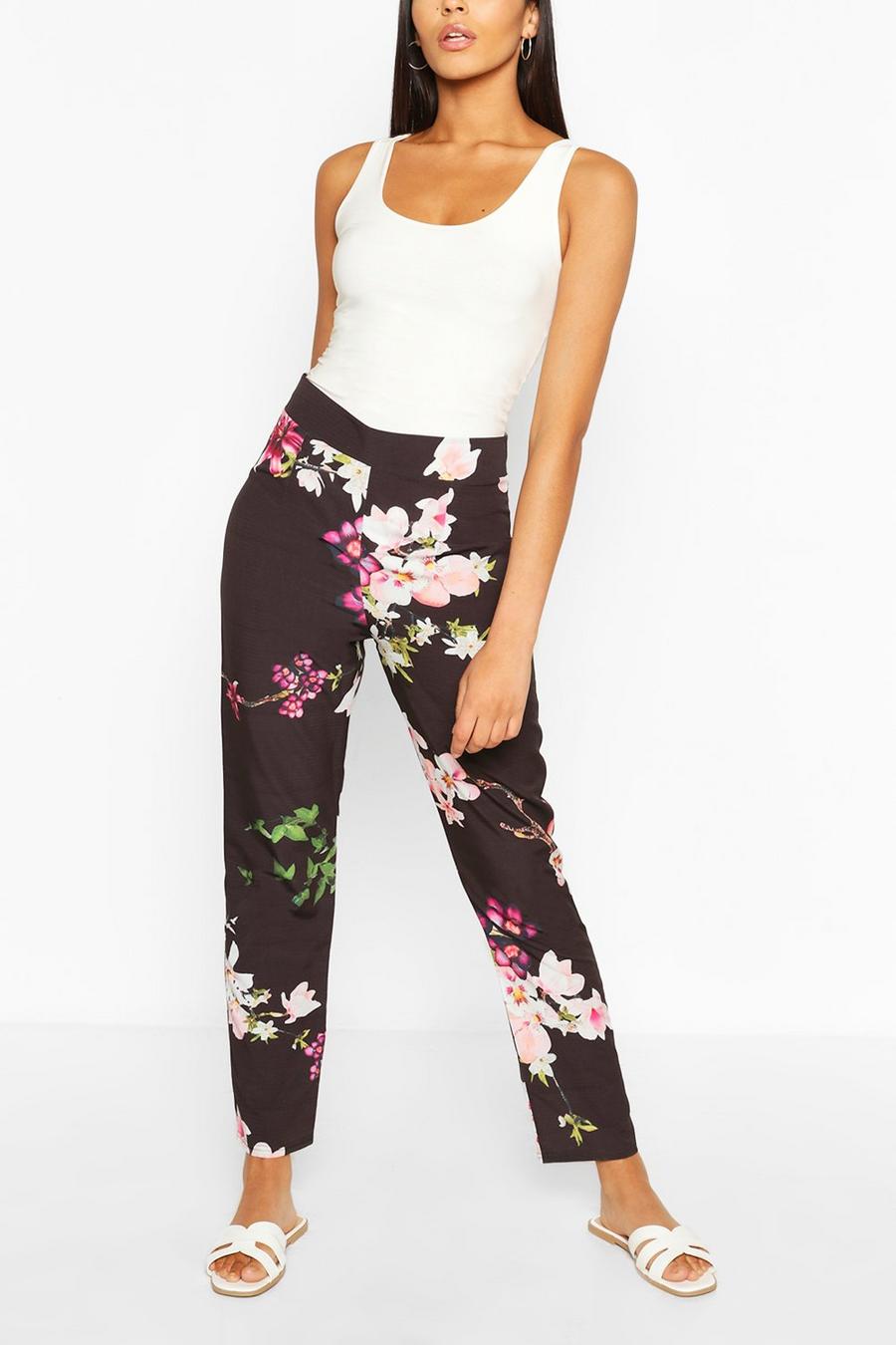 Black Tall Woven Floral Print Pants image number 1
