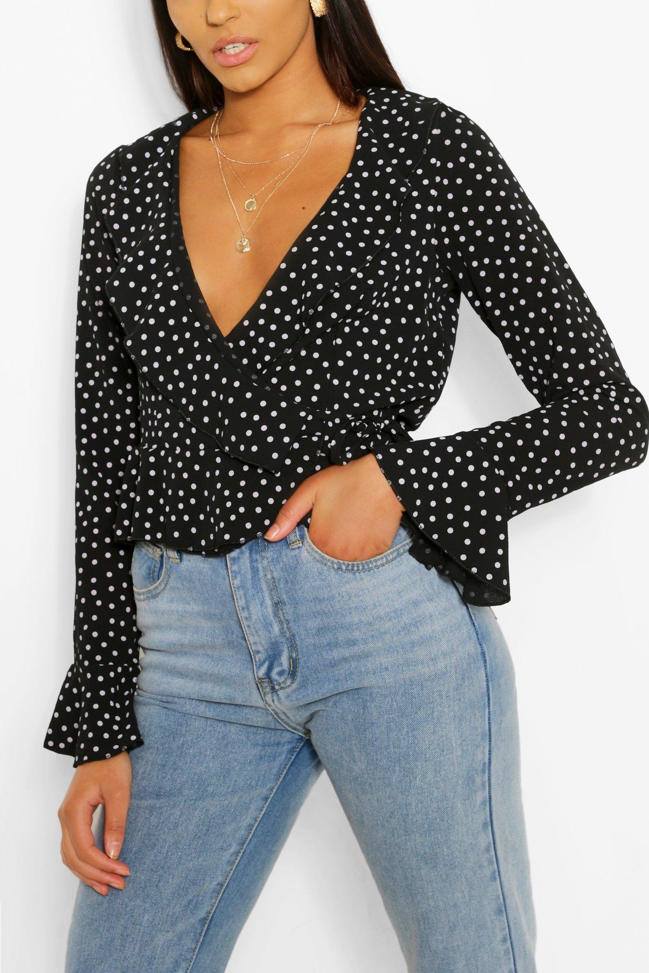 black polka dot wrap top