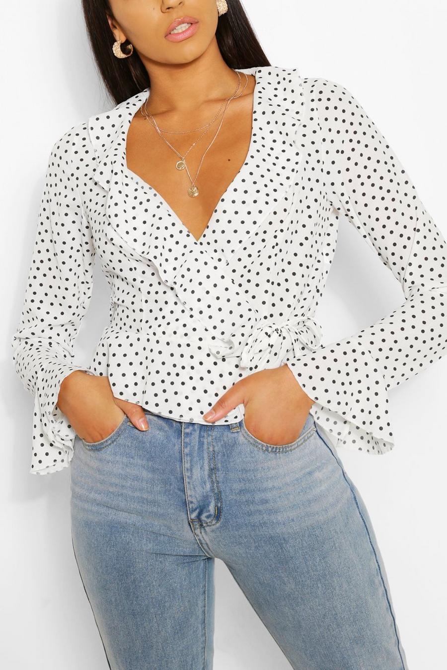 White Tall Polka Dot Wrap Top image number 1