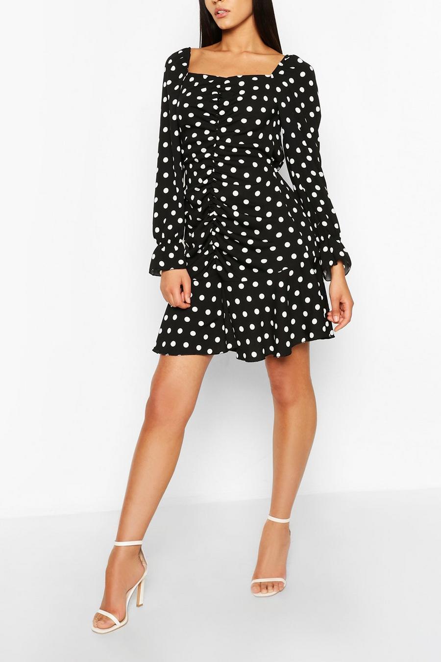 Black Tall Polka Dot Ruched Front Dress image number 1