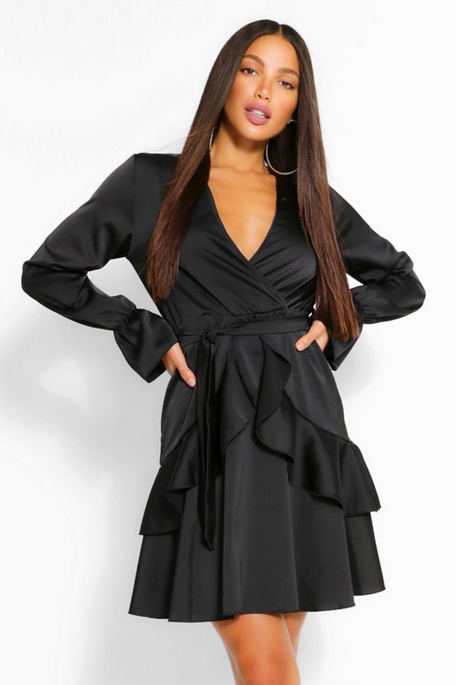 Black Tall Woven Ruffle Front Tie Waist Skater Dress image number 1