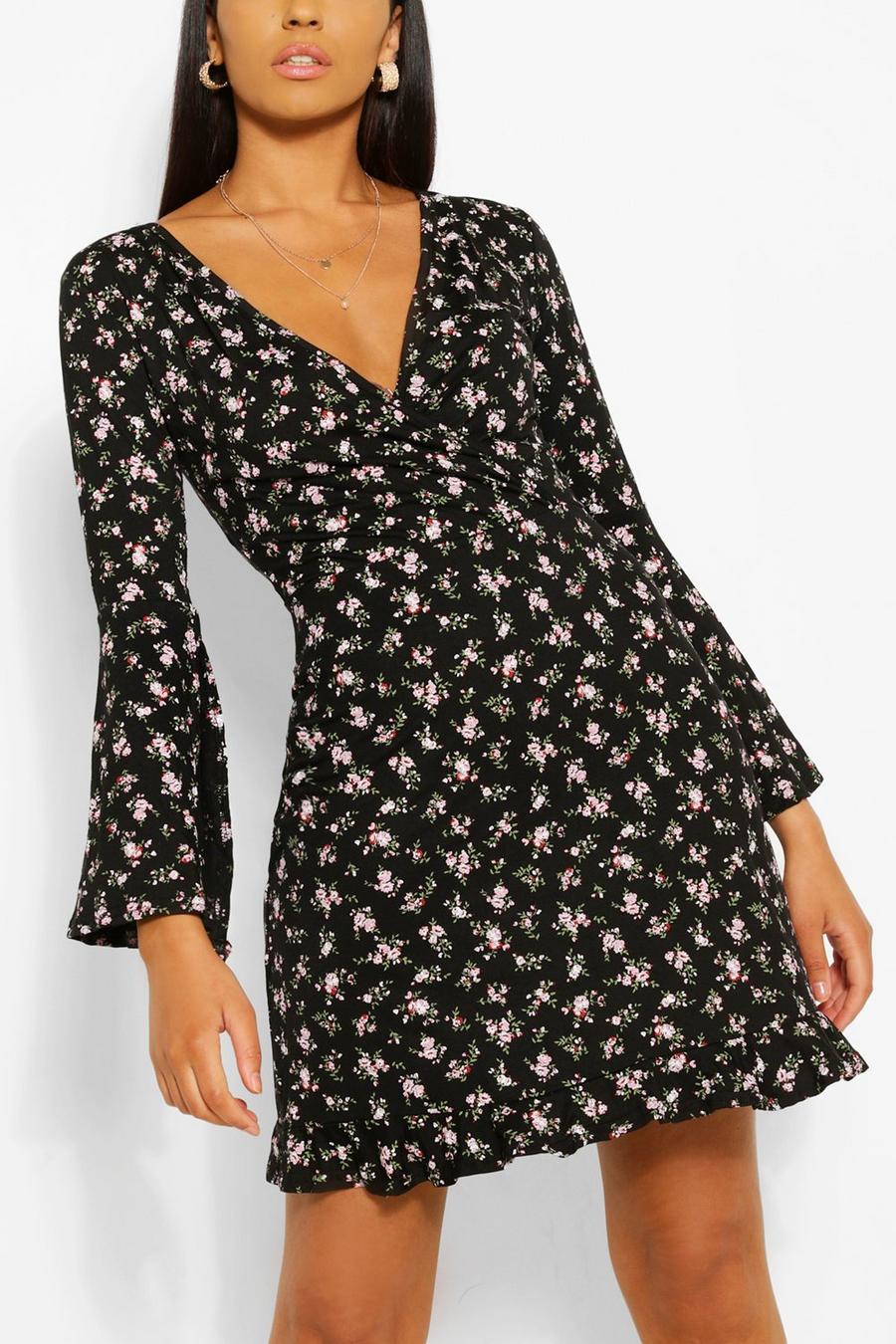 Black Tall Ditsy Floral Ruffle Tea Dress image number 1