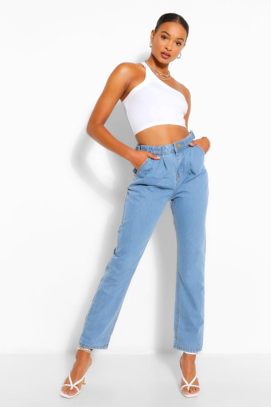כחול ביניים ג'ינס בגזרת מאם עם מכפלת מקופלת לנשים גבוהות image number 1