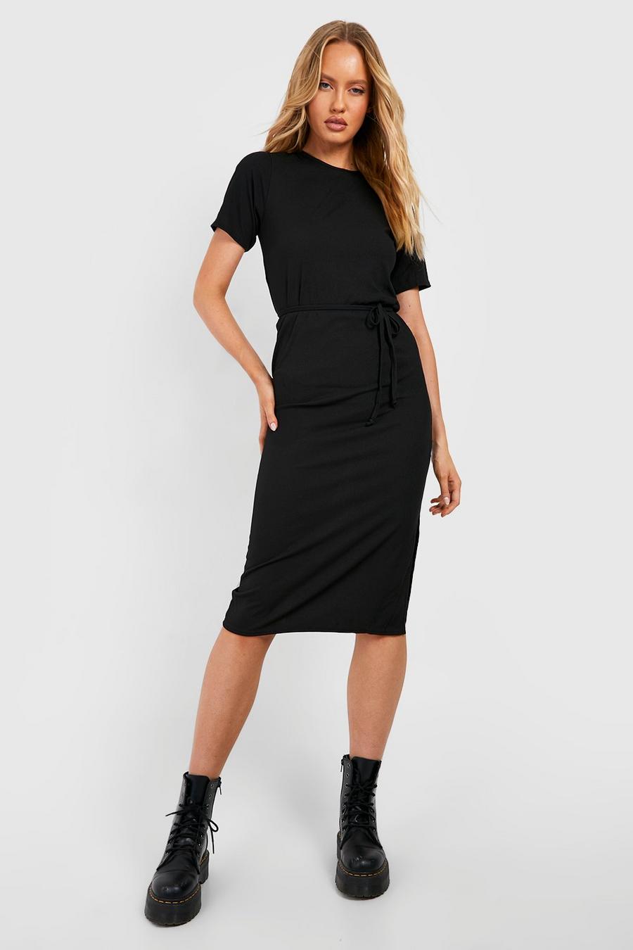 שחור שמלת טישרט באריגת ריב עם חגורה ושסע בצד לנשים גבוהות image number 1
