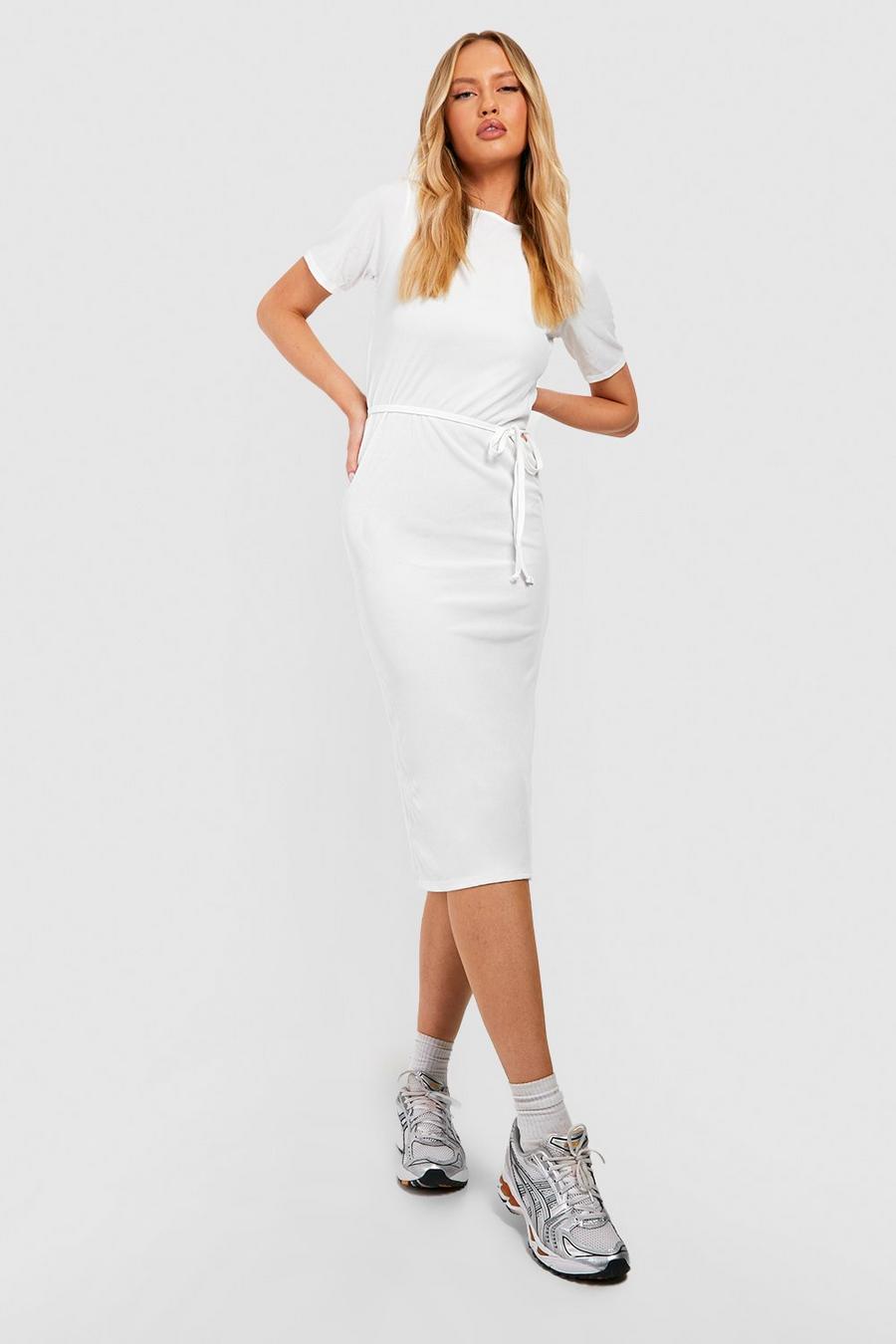 Ivory white Tall Side Split Belted Rib T-Shirt Dress image number 1