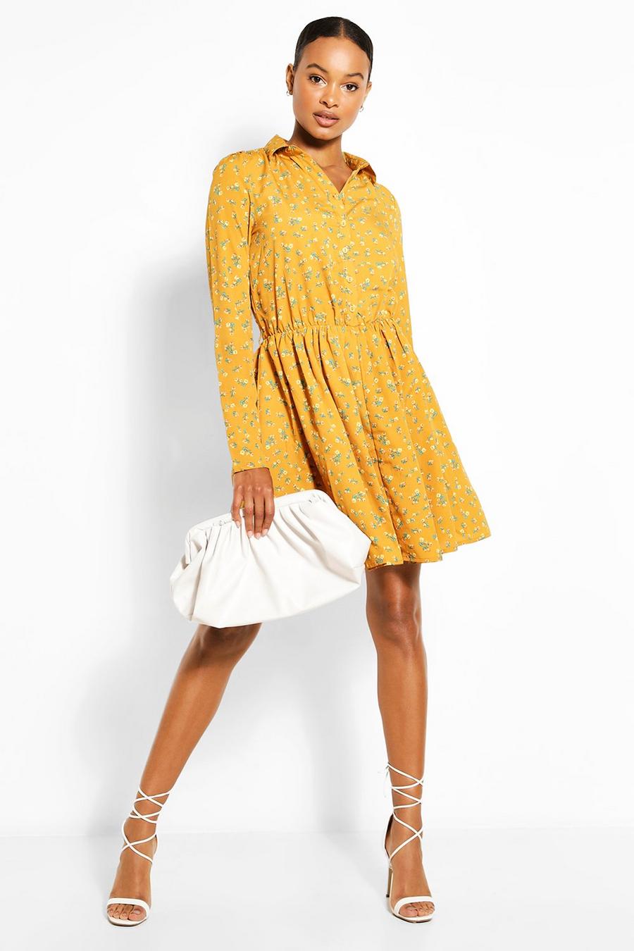 Mustard Tall - Småblommig skjortklänning image number 1