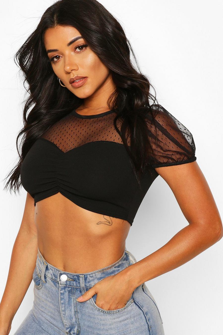 Tall Puff Sleeve Dobby Mesh Crop Top image number 1