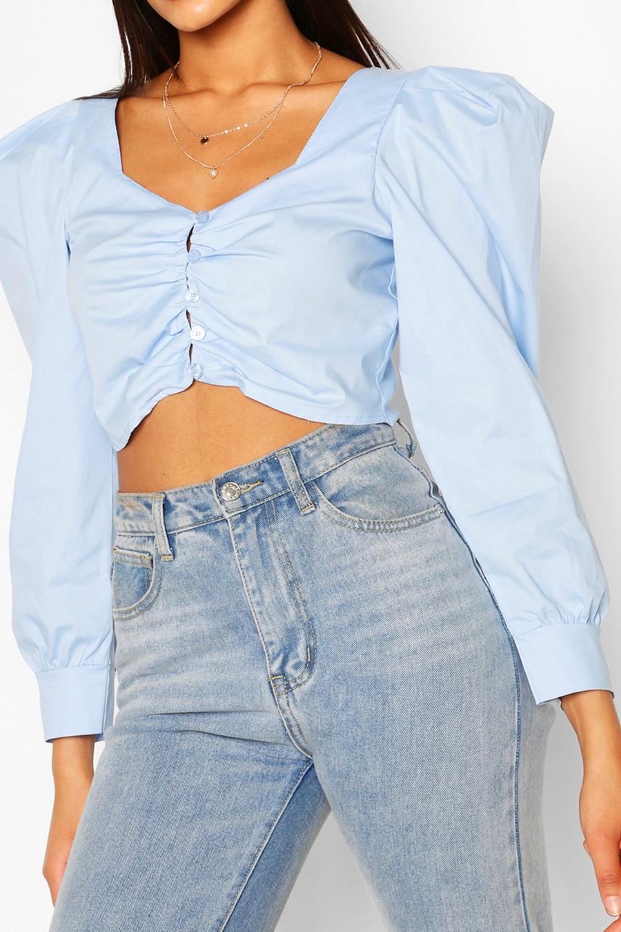 Blue Tall Cotton Poplin Puff Sleeve Crop Top image number 1