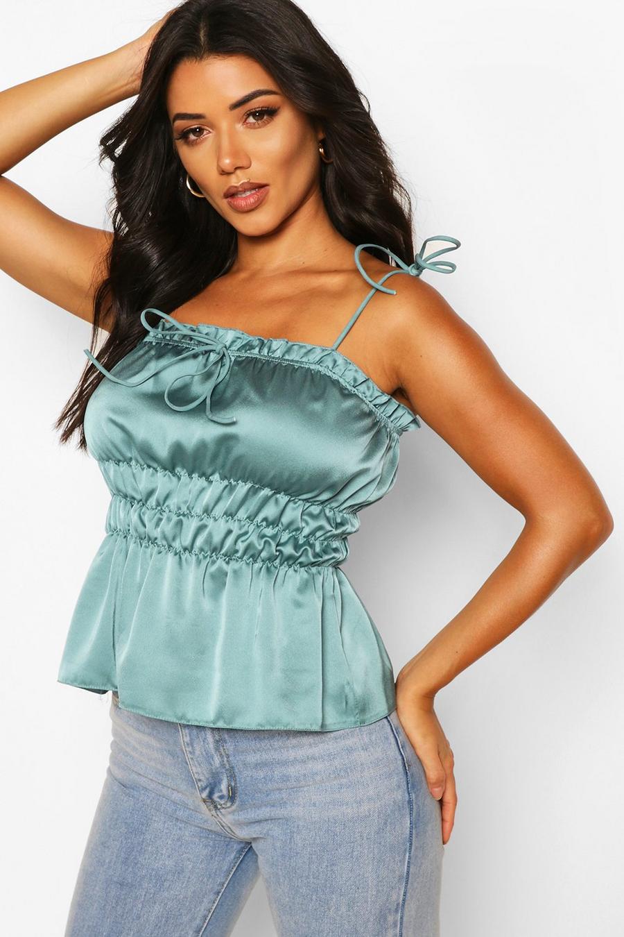 Aqua Tall Satin Tie Strap Ruched Crop Top image number 1