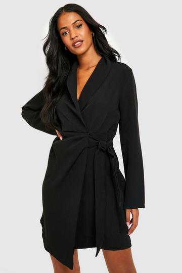 Tall Woven Ruched Side Tie Blazer Dress black