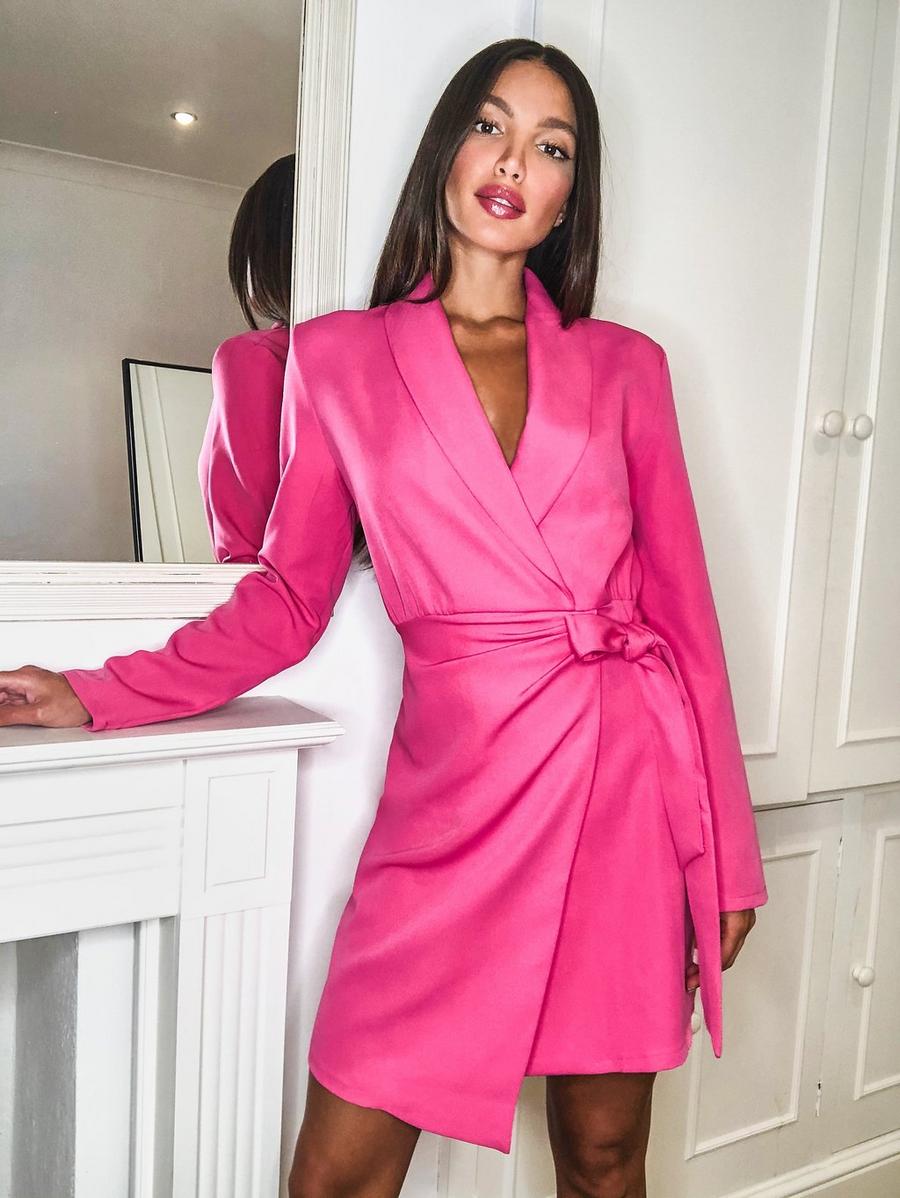 Bright pink שמלת בלייזר ארוגה עם קפלים וקשירה בצד לנשים גבוהות image number 1