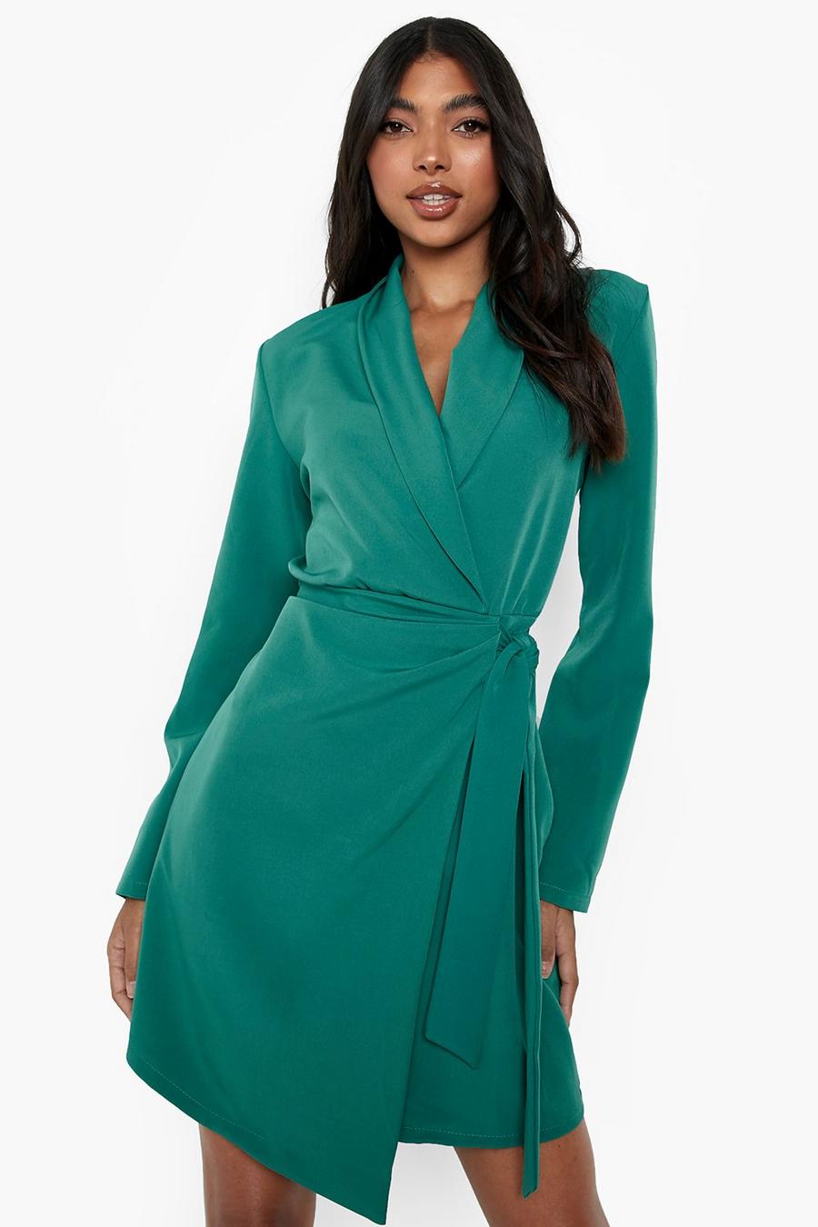 Green Tall Woven Ruched Side Tie Blazer Dress image number 1