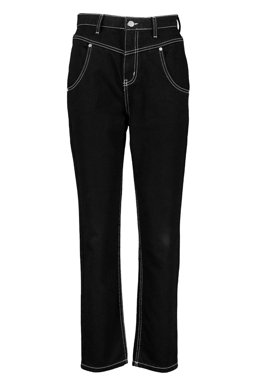 white mom jeans with black stitching