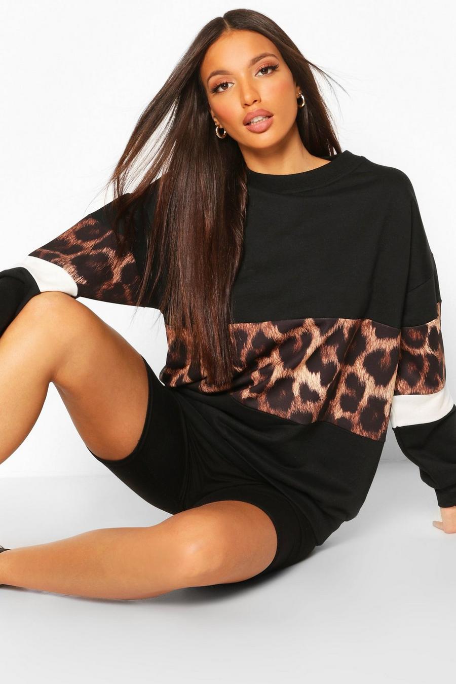 Black Tall - Oversize sweatshirtklänning med blockfärger och leopardmönster image number 1