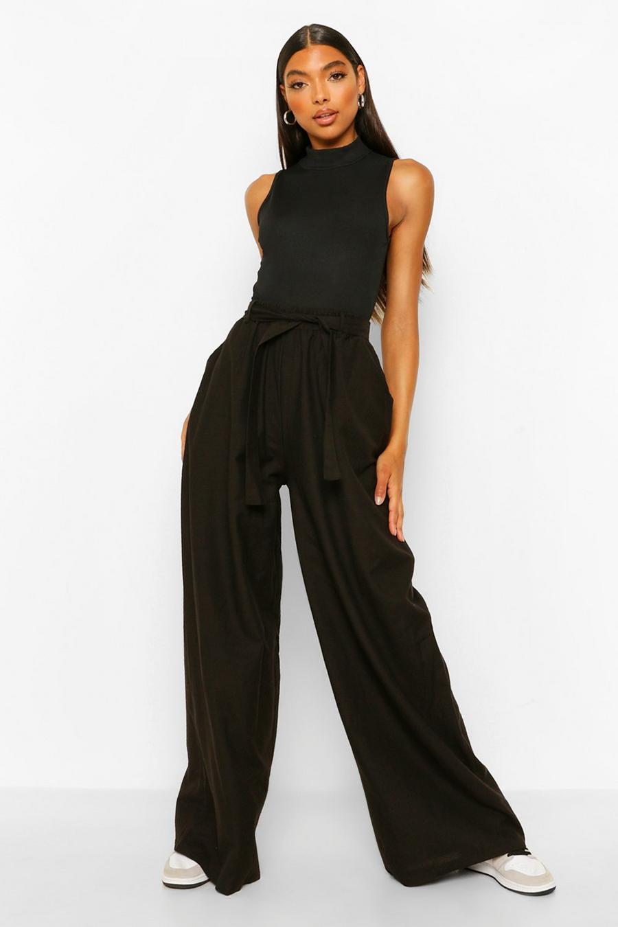 Black Tall Wide Leg Belted Linen Trousers image number 1
