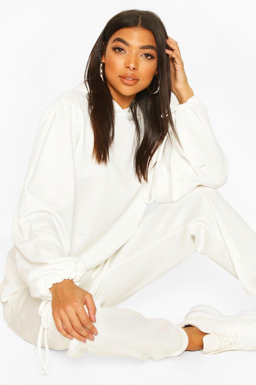Ivory Tall Ruched Sleeve Hoodie image number 1