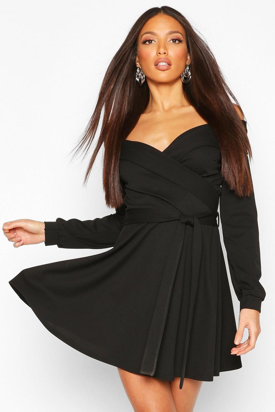 שחור שמלת סקייטר עם כתפיים חשופות וחגורה לנשים גבוהות image number 1