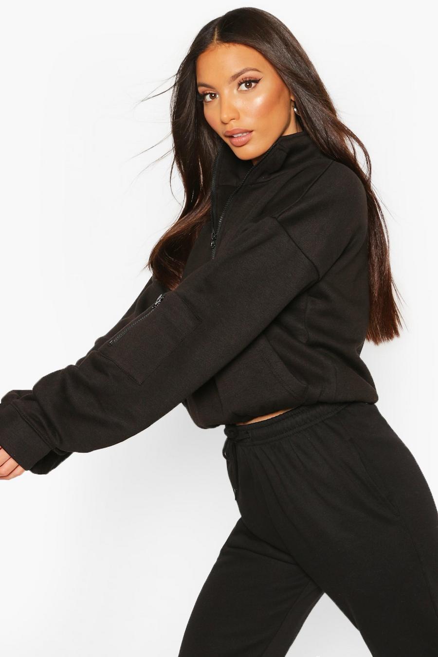 Black Tall High Neck Zip Front Sweat Top image number 1