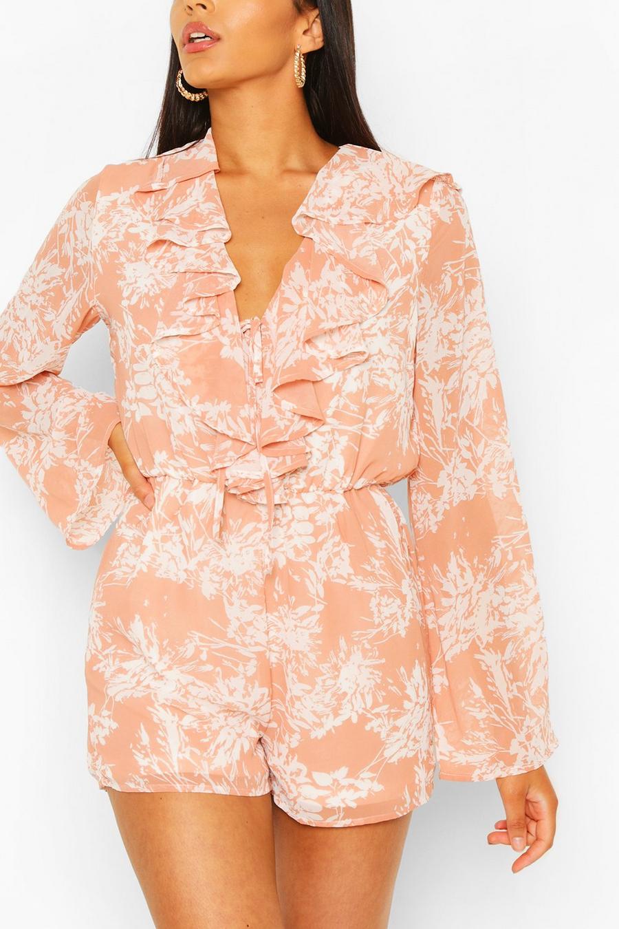 Coral Tall Woven Floral Ruffle Front Playsuit image number 1
