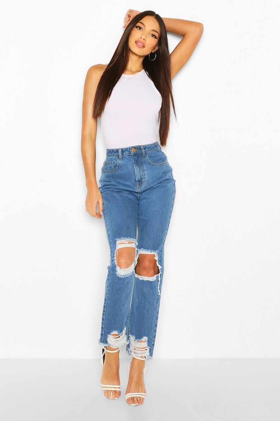 Light blue Tall Denim Fray Hem Rip Knee Straight Jeans image number 1