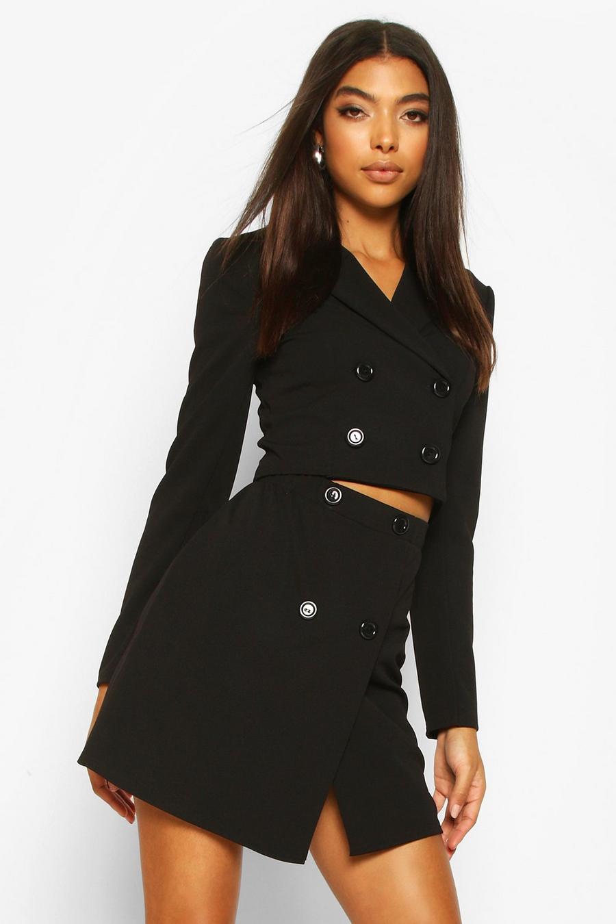 Black Tall Crop Blazer & Skirt Co-Ord image number 1