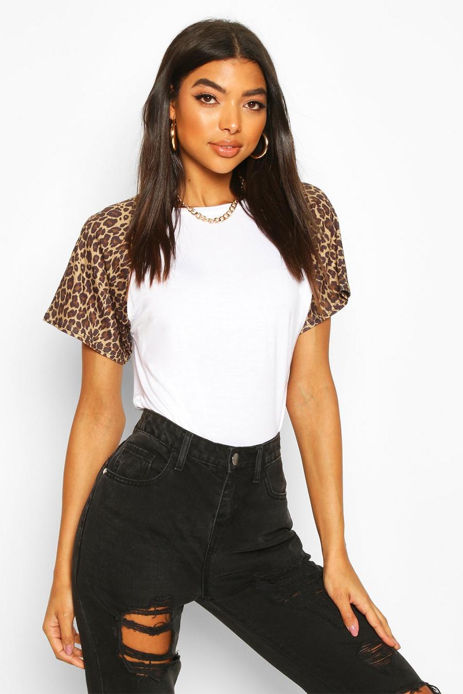 White Tall Leopard Print Sleeve T-Shirt image number 1